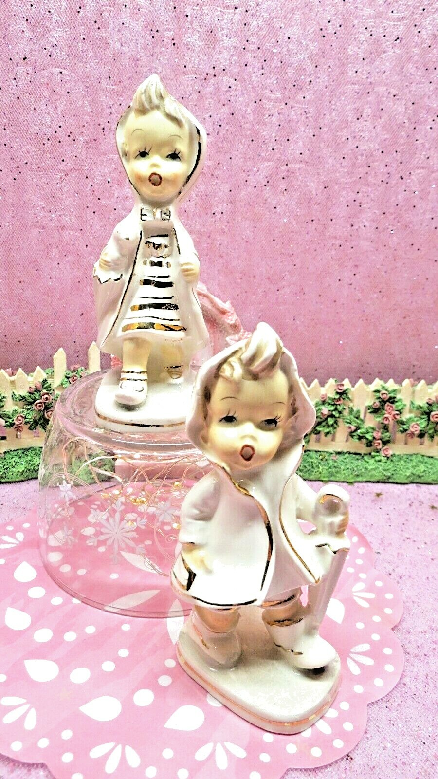 Vintage Little Girl & Boy with Umbrellas Gold Slicker Rain Coats Rain Boots