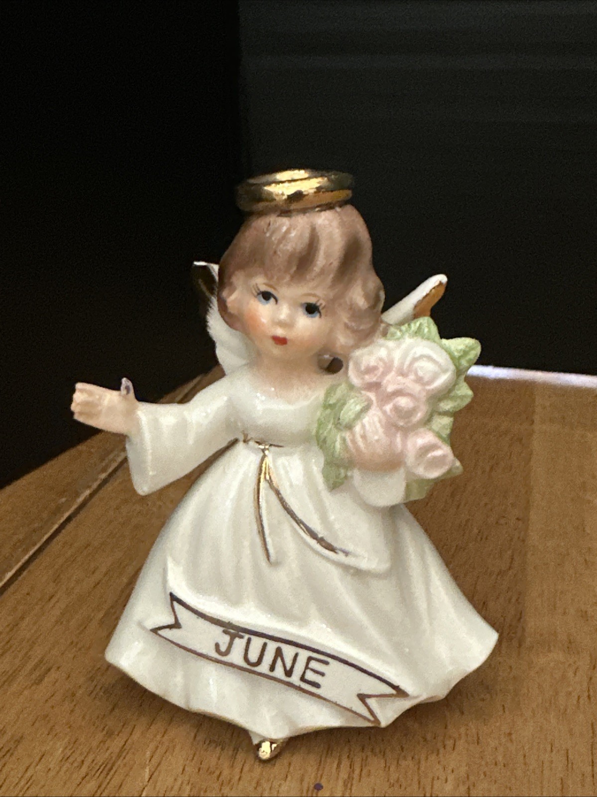 Vintage JUNE Birthday Angel Girl Figurine W/ Flower Bouquet Apco Japan *chipped