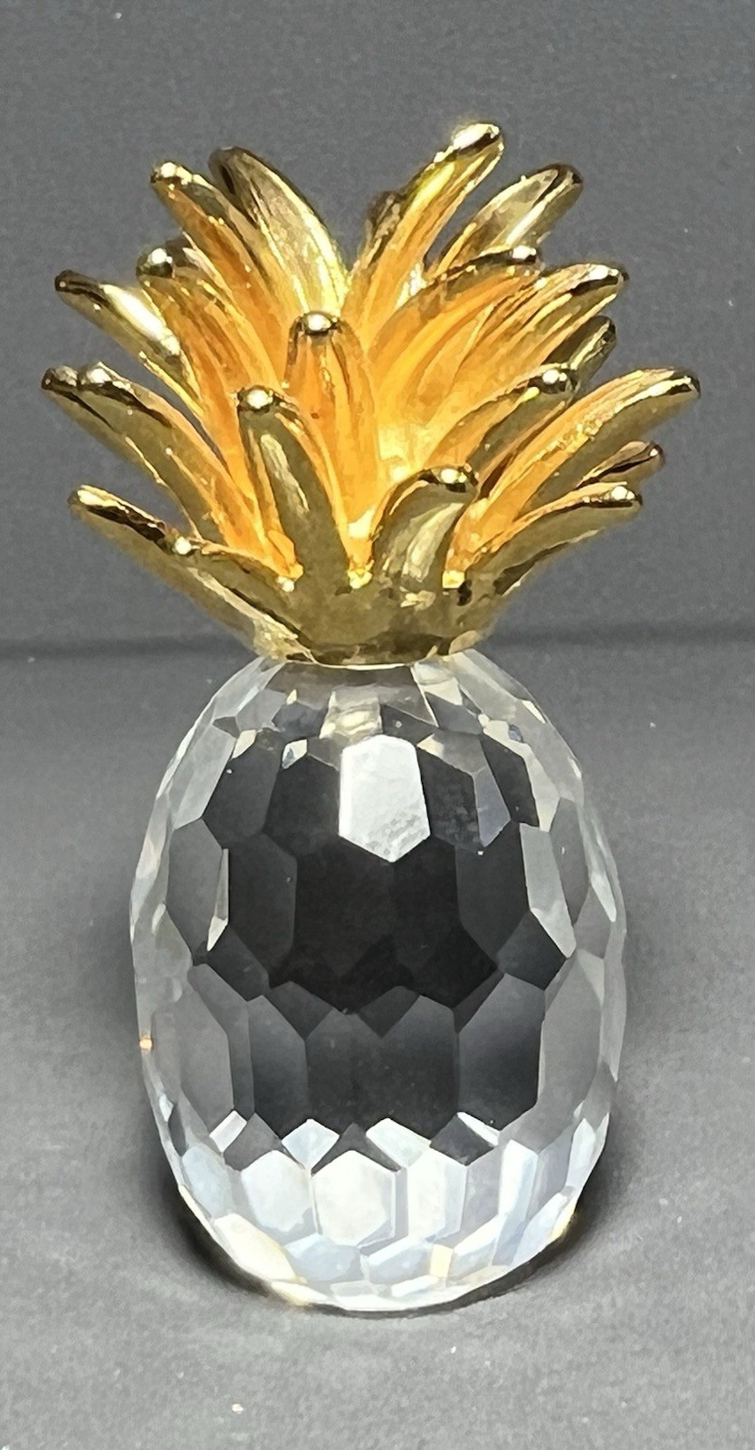 Miniature Crystal Pineapple Figurine Miniature Gold Tone Leaves 1.75 inch Tall