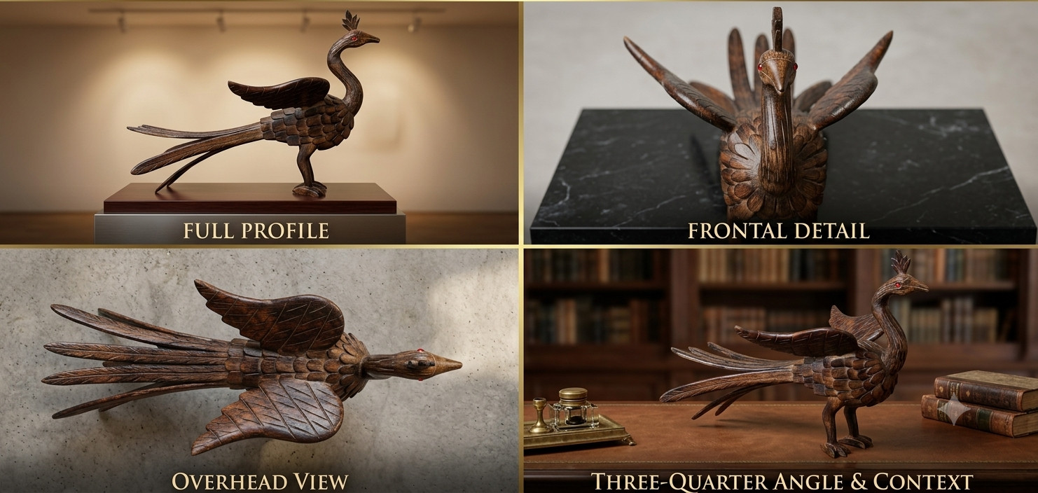 Vintage Hand Carved Wood Peacock Sculpture Handcrafted Bird Figurine Jewel Eyes