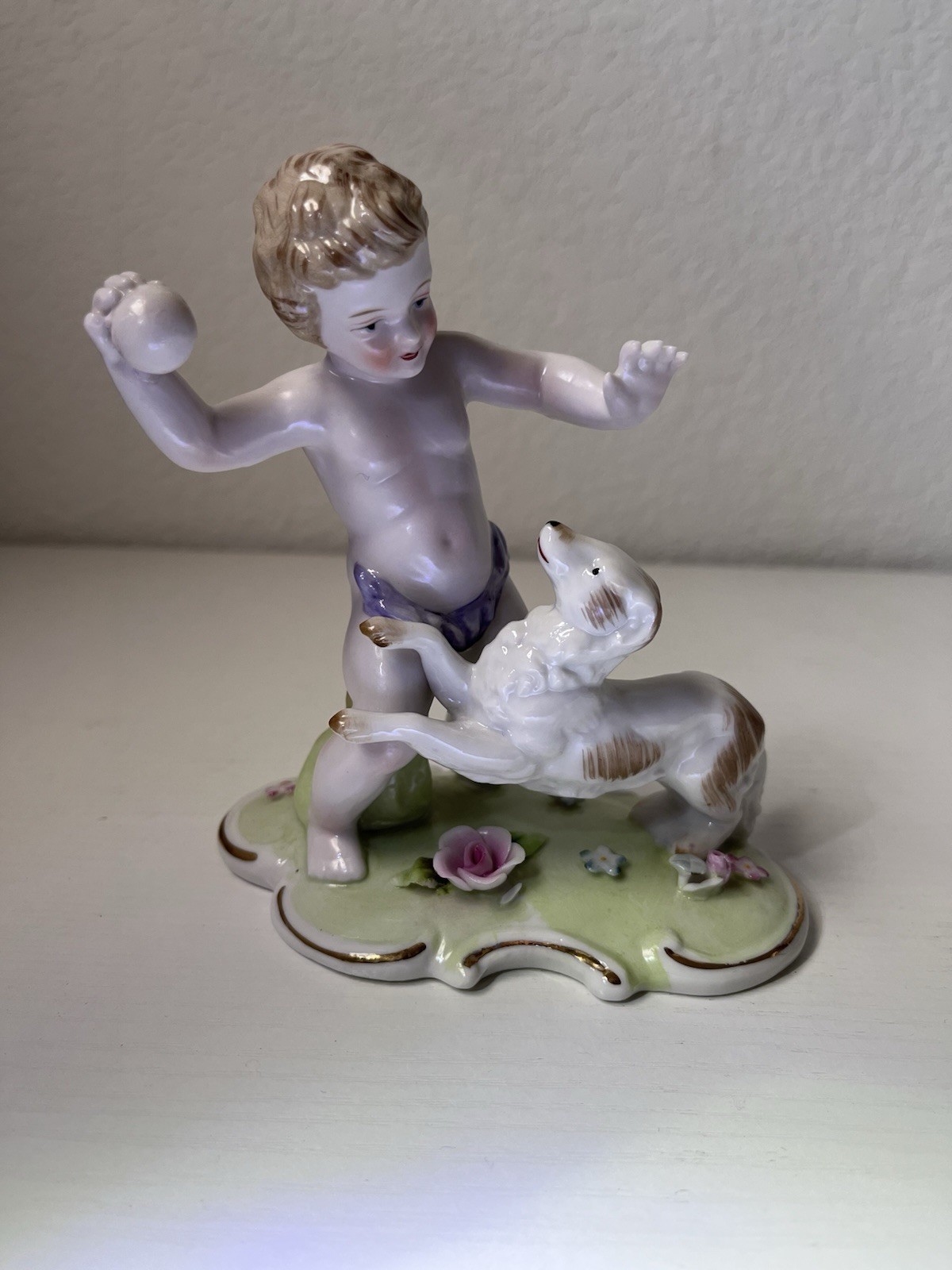 Made in Japan Vintage Porcelain Cherub Boy Playing Ball with Dog