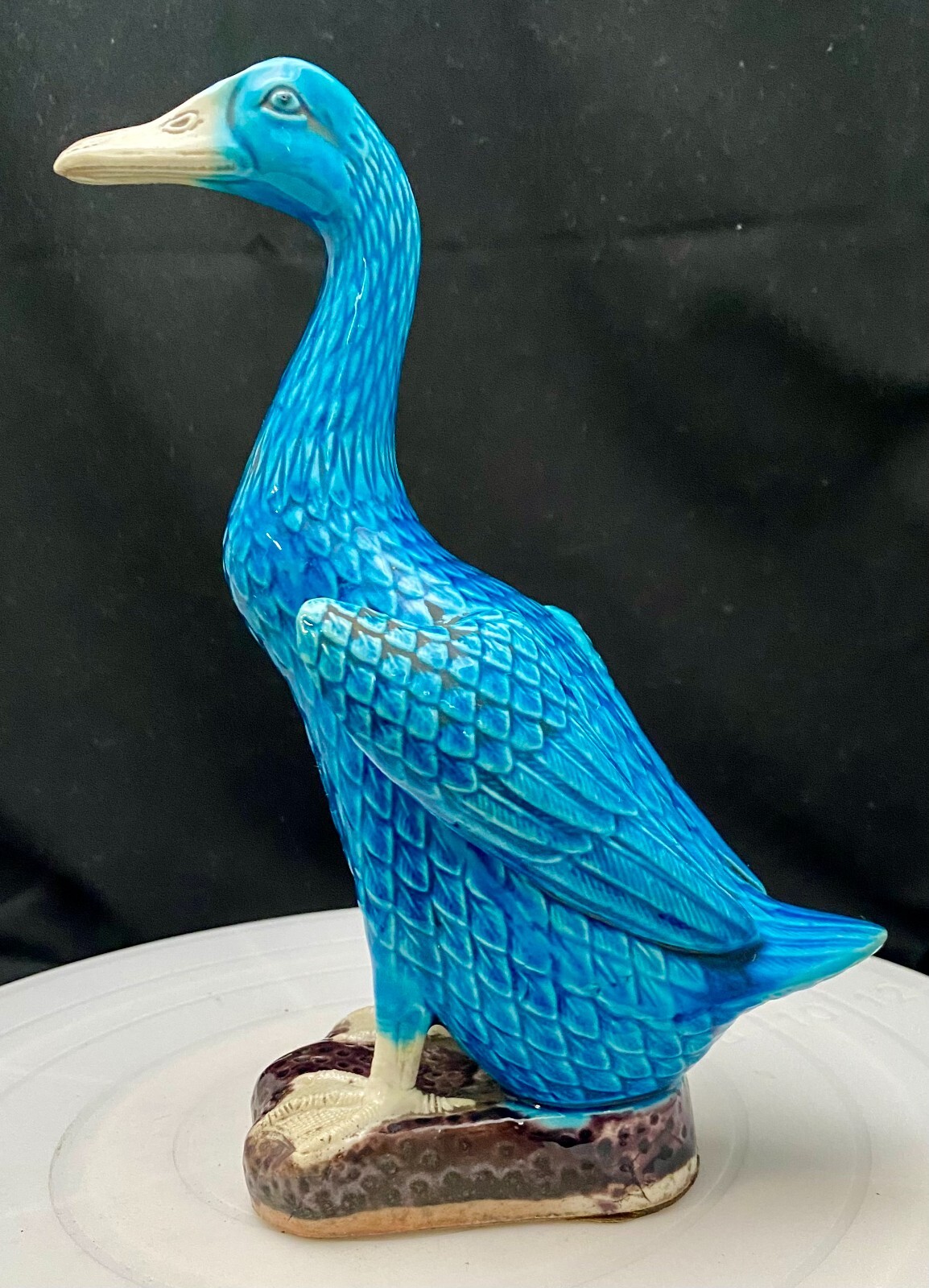 VTG PORCELAIN TURQUOISE BLUE DUCK GOOSE GLAZED MEDIUM/BIG FIGURE 8.7″ c1900 vg