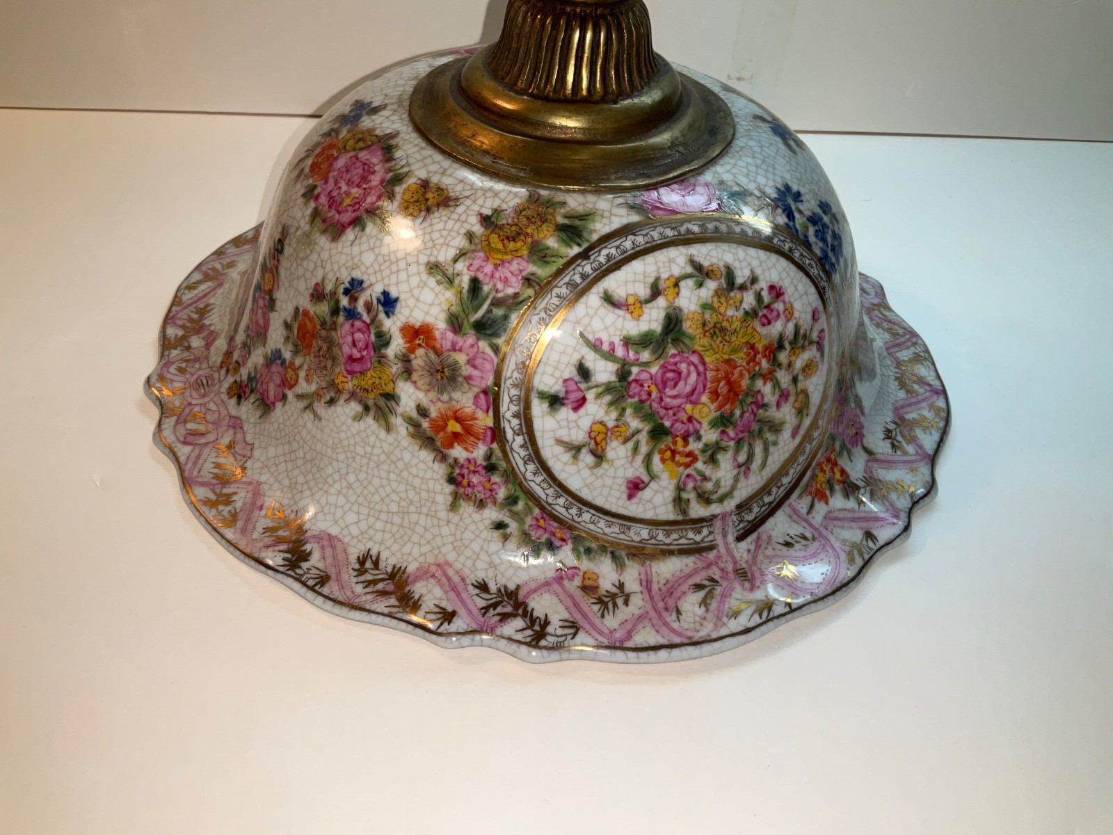 11″ Bronze Ram Footed Ceramic Fruit Bowl Dish Painted Chinese Canton Rose Flower