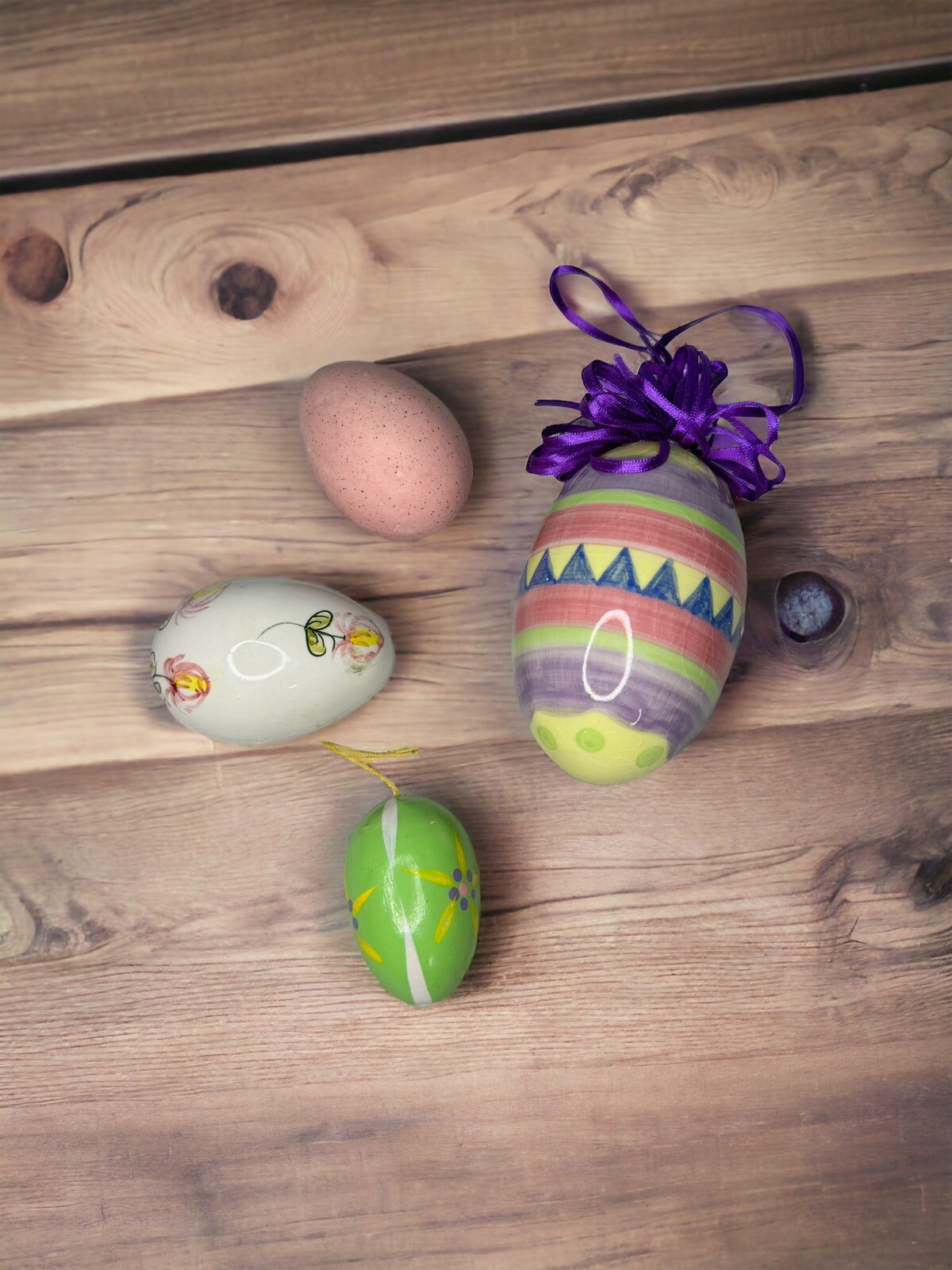 Lot Of 4 Easter Eggs Porcelain Wood Ornaments Spring Decor