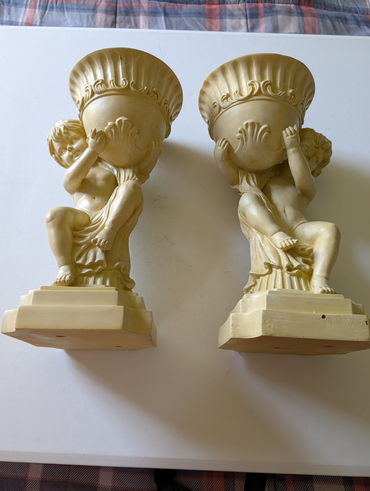 PREOWNED GRECO-ROMAN LOOK RESIN STATUE SET CHILD HOLDING URN 13 INCHES TALL
