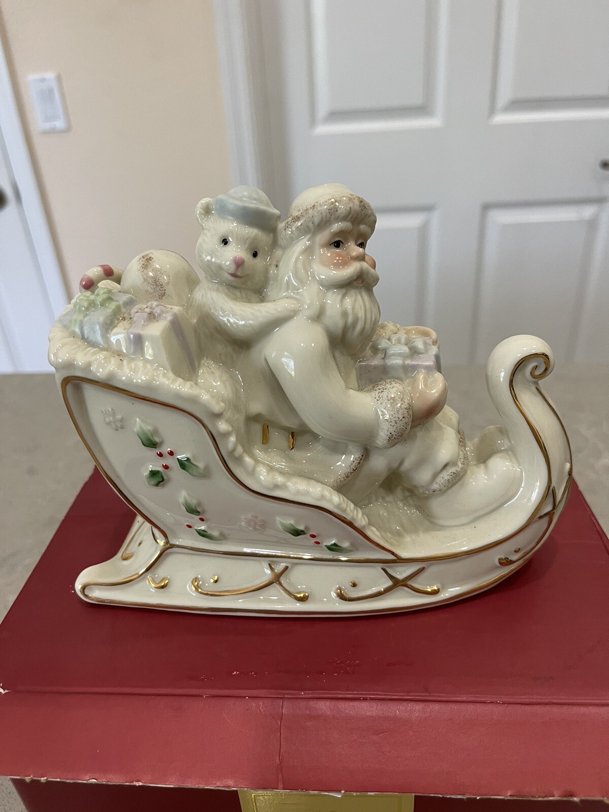 LENOX PETALS & PEARLS *SANTA, BEAR & SLEIGH* CREAM & PASTELS – IN BOX