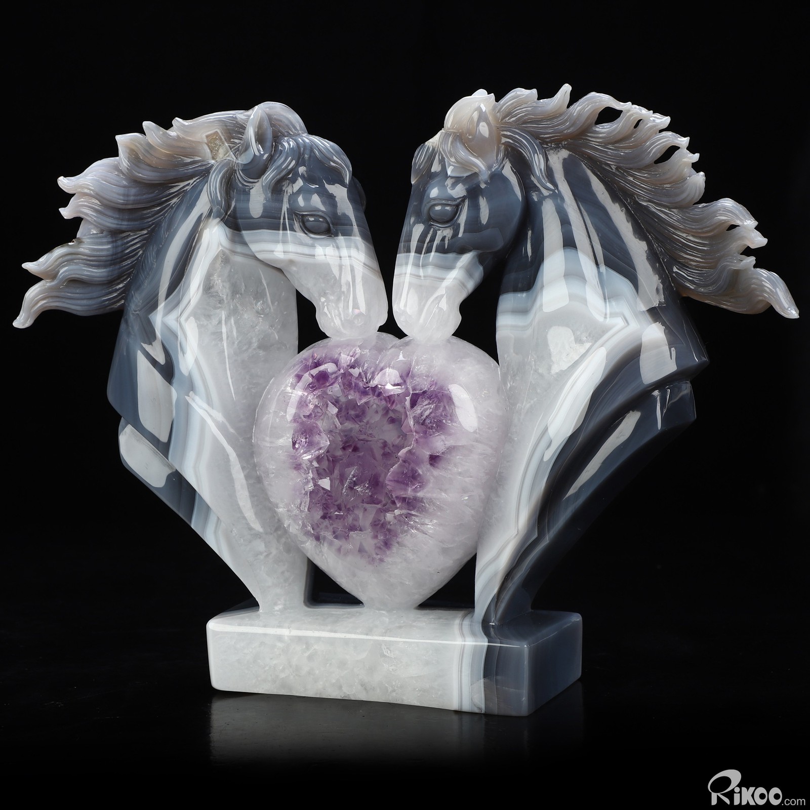 9.8″ Agate Amethyst Geode Hand Carved Crystal Horse Sculpture, Crystal Healing