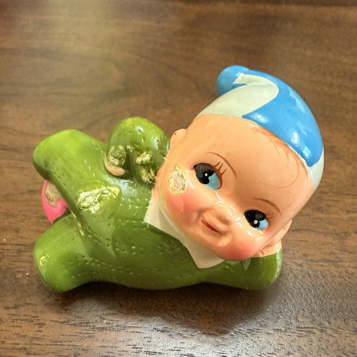 Hand Painted Ceramic Baby Figurine Green Outfit Blue Hat Pink Shoes 3 in