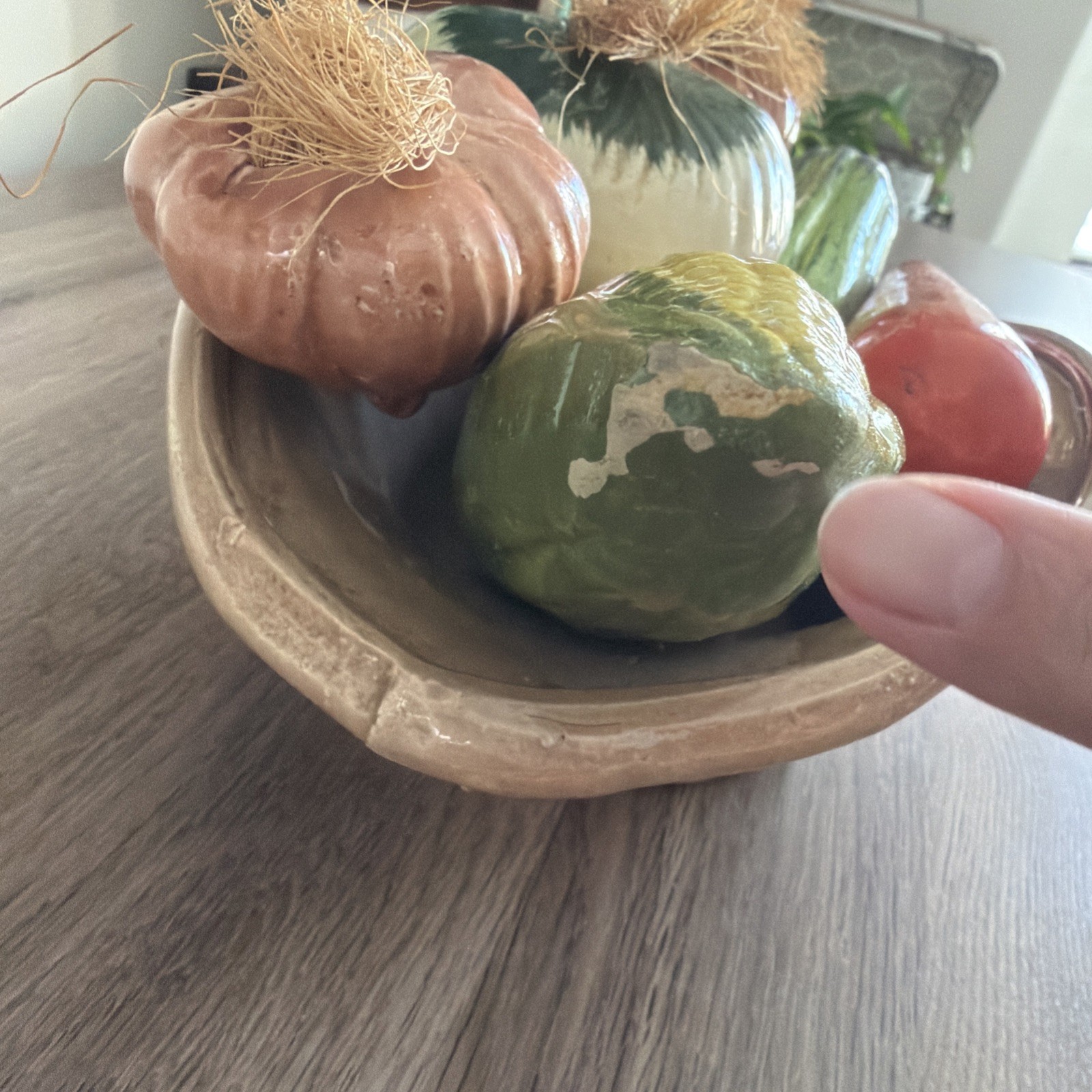 Vintage Hand Painted Ceramic Vegetables in a Bowl Centerpiece 11″ Basket Weave