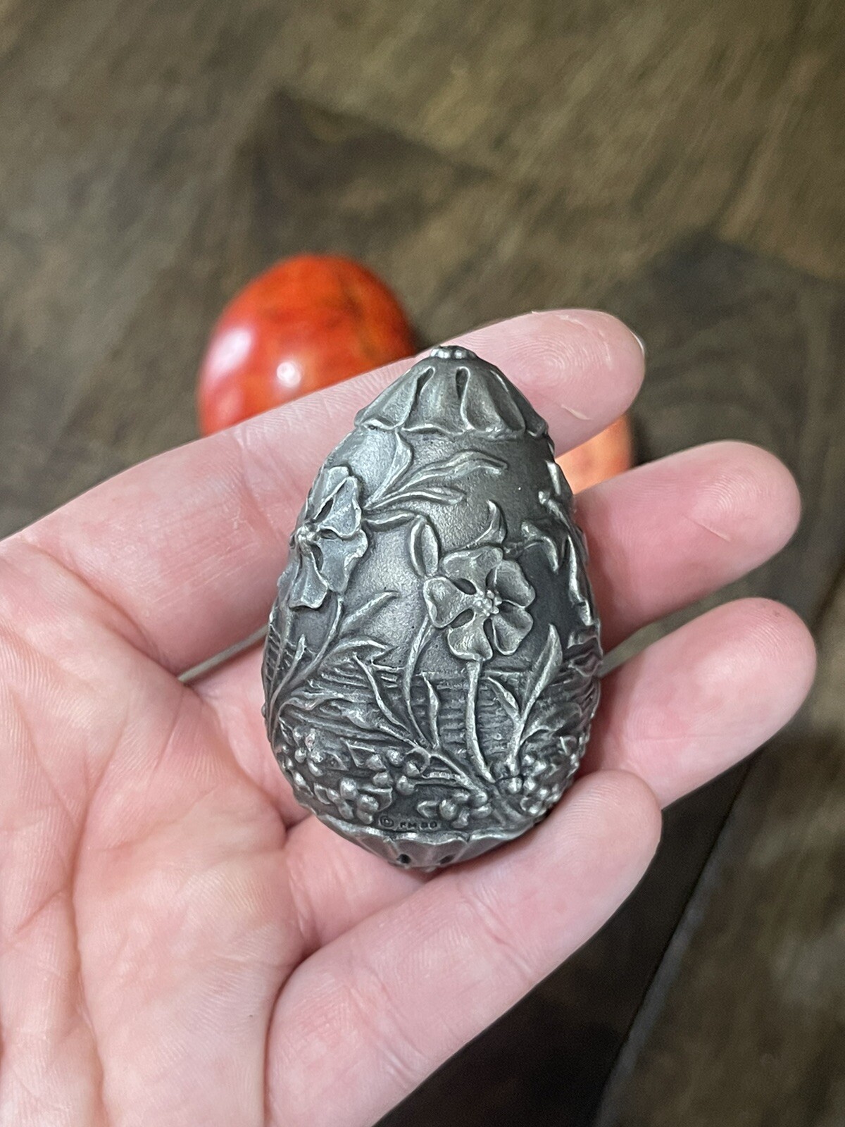 Lot Of 3 Decorative Eggs Heavy Stone, Pewter Display Collect Red Pink Faux Eggs