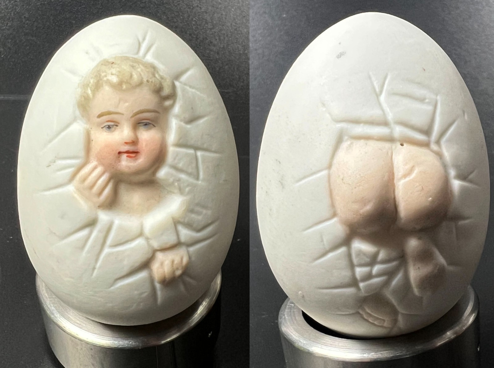 Antique bisque ceramic Baby Birthing Midwife’s Egg figurine Germany shower gift