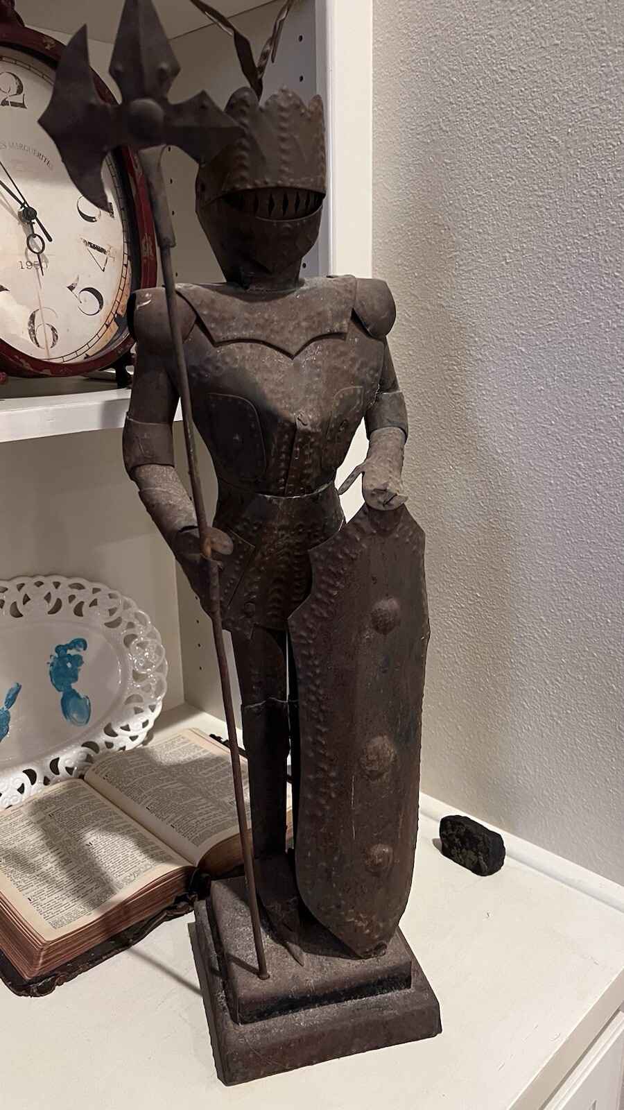 Vintage Knight in Armor Statue Medieval Tin Figurine 27” Tall Display.