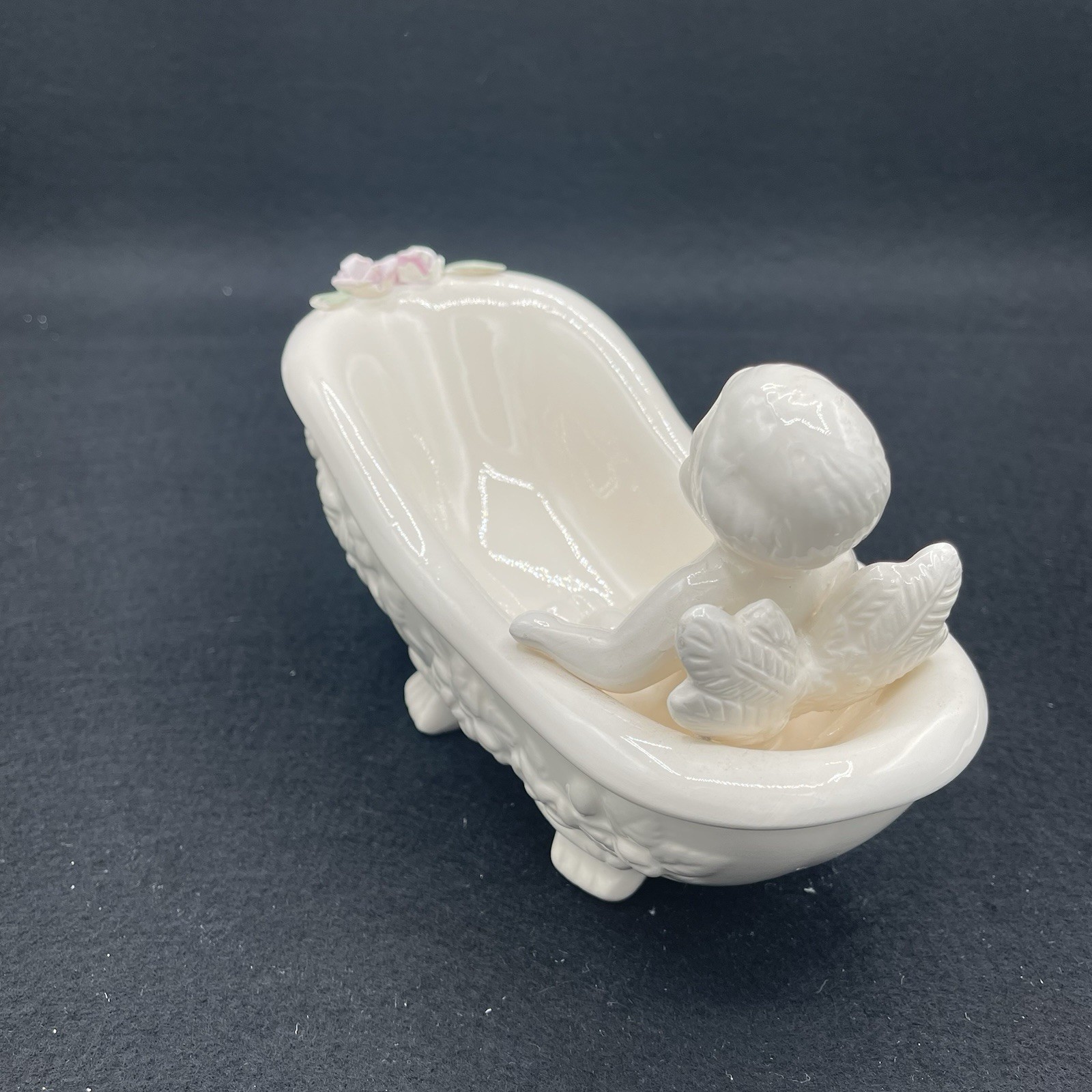 Porcelain Angel Baby With Wings In Tub With Flowers