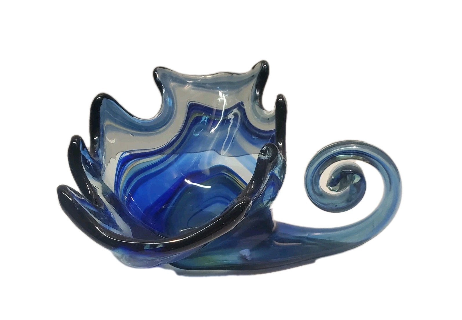 Vintage Handblown Spiral Centerpiece | Stretched Art Glass Swirl | Blue & Yellow