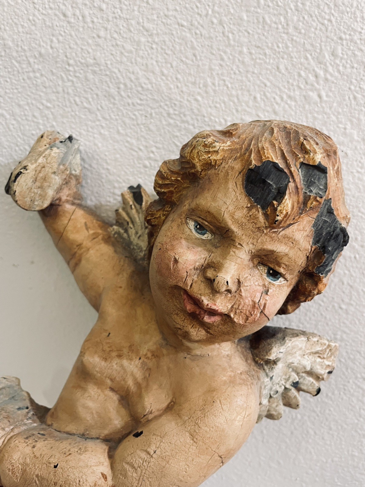 ANTIQUE ITALIAN BAROQUE STYLE CARVED WOOD CHERUB PUTTO LIKELY FROM 19THc