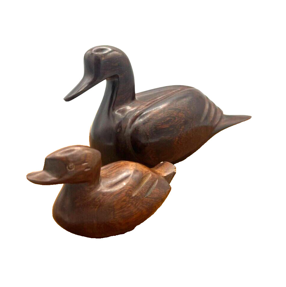Wooden Duck & Duckling Dark Brown Hand Carved Glossy Sculpted Figurine – Set 2