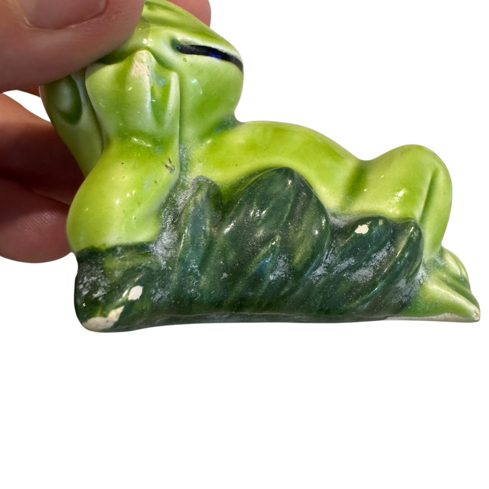 Vintage 70’s Ceramic Leaning Frog Figurine Hand Painted Retro 2.5” READ