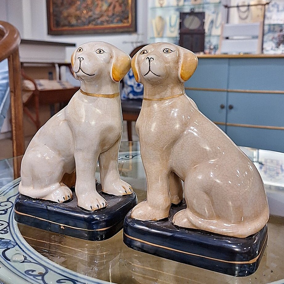 Pair Of Porcelain Ivory White Dogs. Black Bases. Hand Painted (8”H, Each)