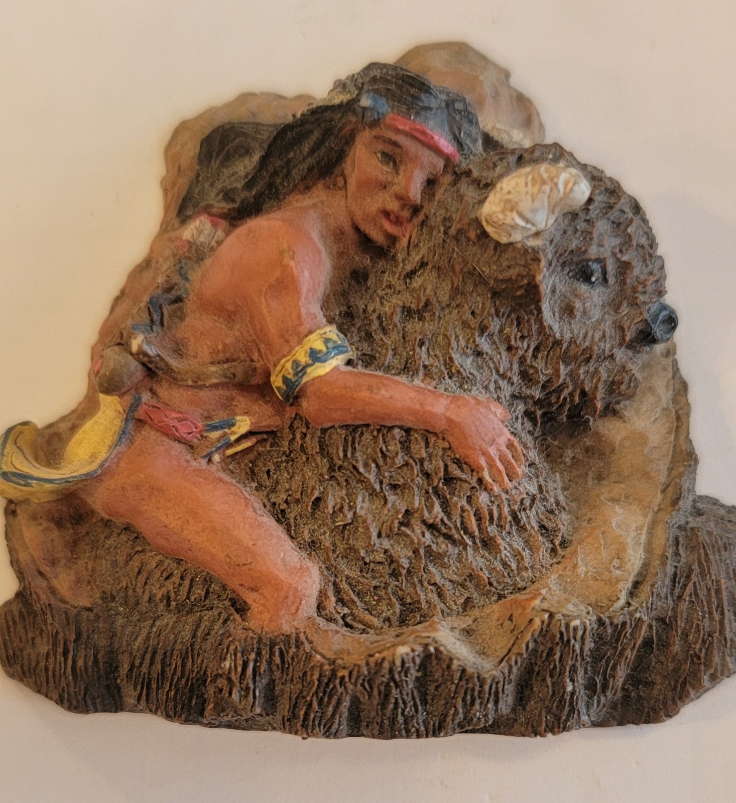 Vintage Native American Indian Warrior Hugging Bison Figure