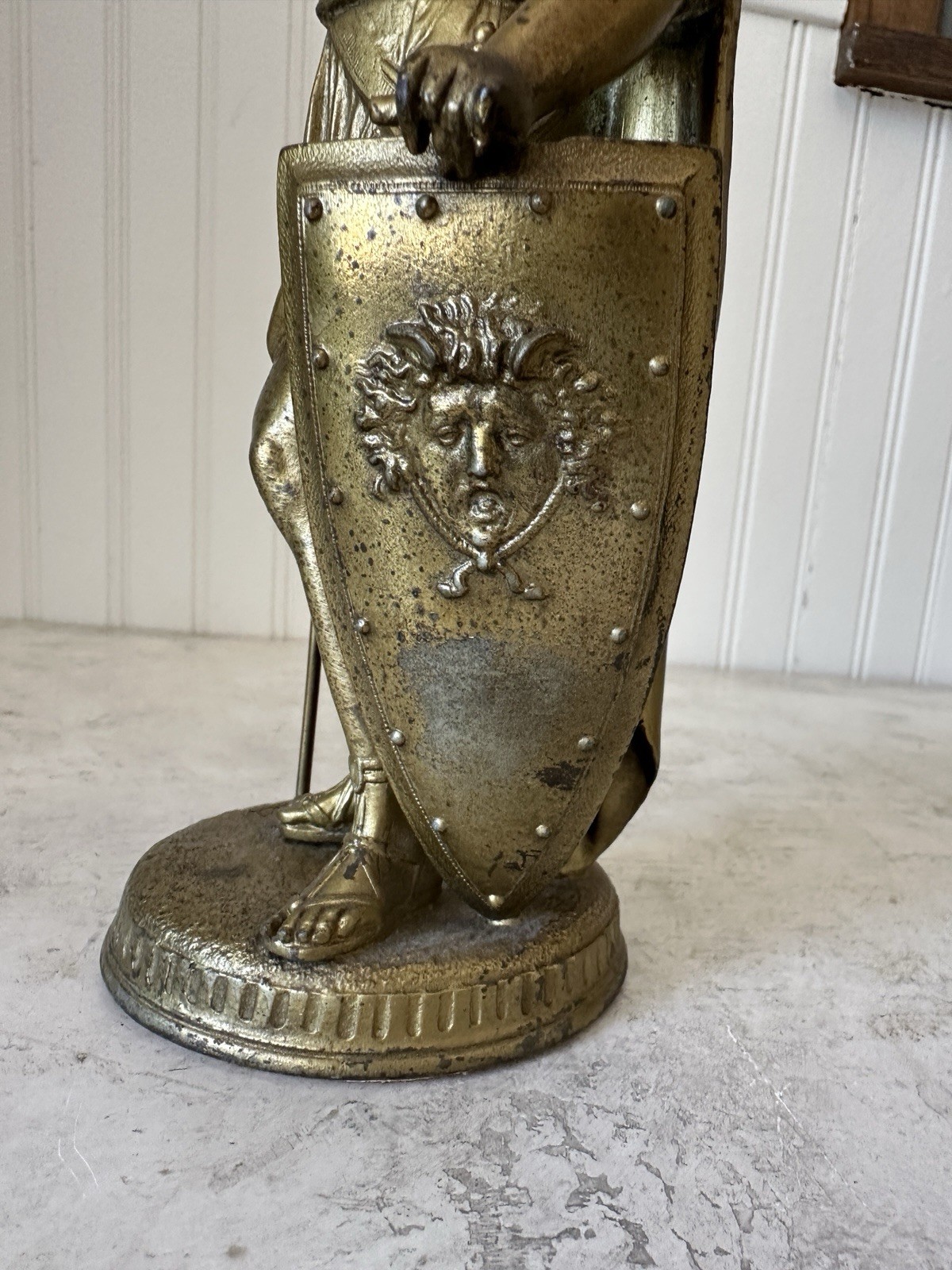 Antique Medieval Warrior Statues Set 9.5” Bronzed Spelter Knights Medusa Shield