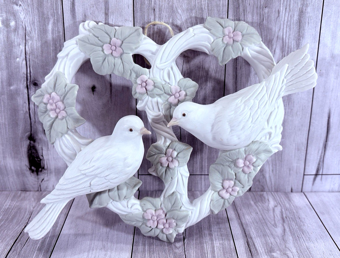Vintage 80s Hallmark Ceramic Floral Heart Wreath Doves Wall Hanging Japan