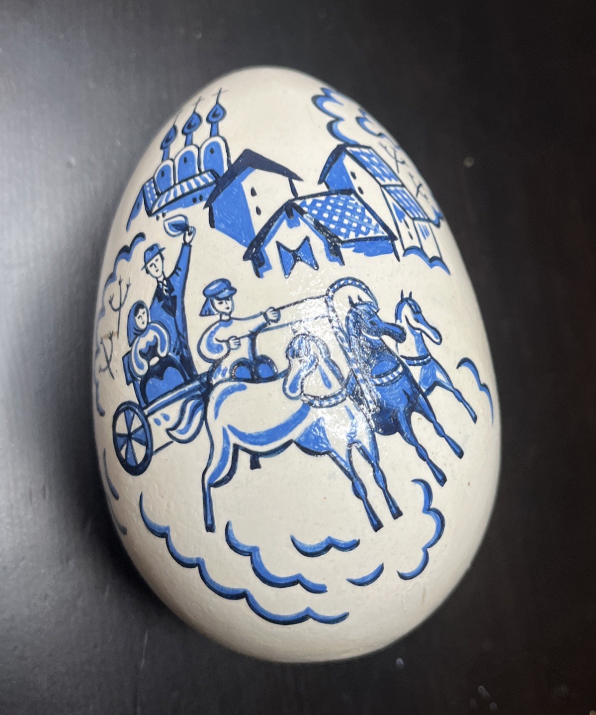 Mockba Moscow 5″ Russian Souvenir Egg Hand Painted Artist Signed Blue & White