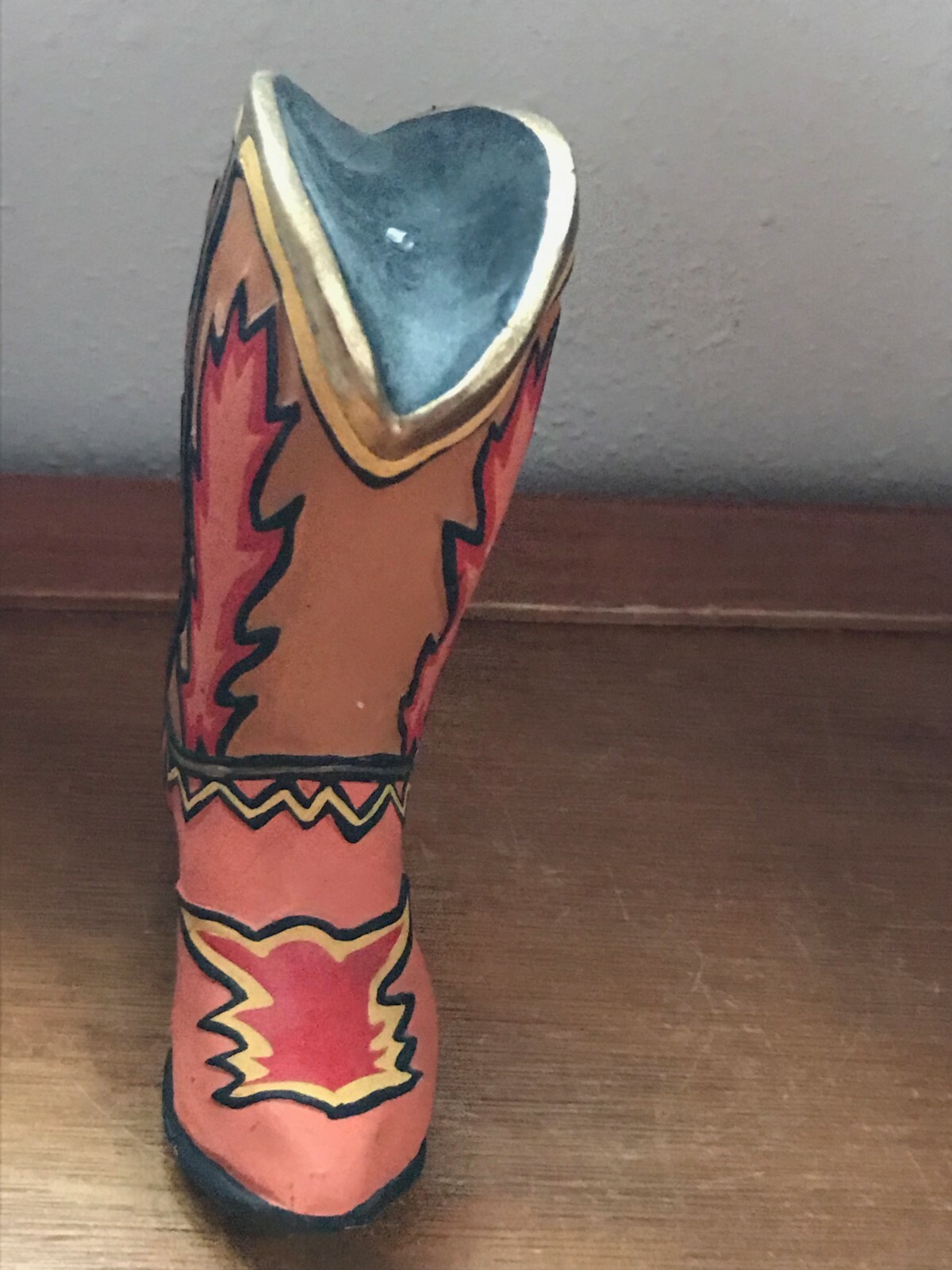 Small Orange Red & Brown Painted Hollow Ceramic Western Cowboy Boot Figurine –