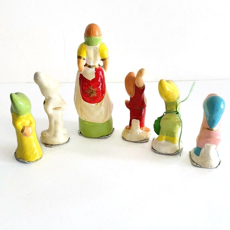 Vintage 30s 40s Snow White 5 Dwarfs Figurines Hand Painted Plaster 6.25in 3.25in