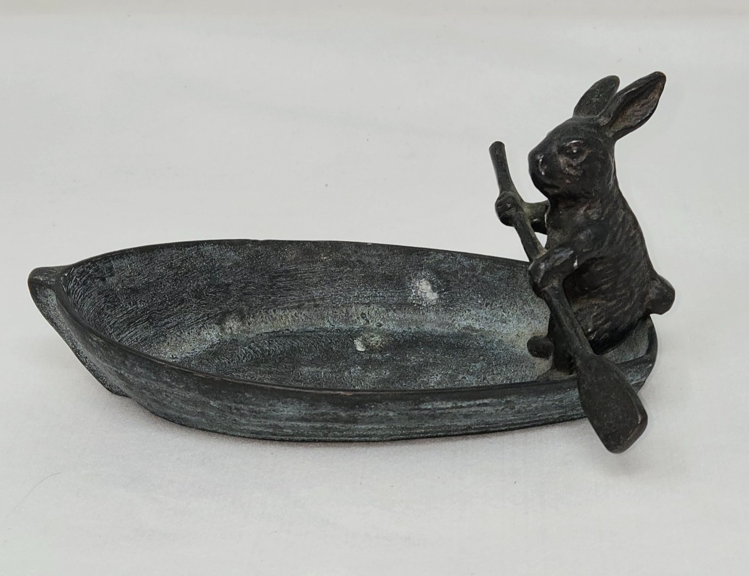 VINTAGE BRONZE CUTE RABBIT BUNNY ROWING BOAT TRINKETS TRAY DECOR FIGURINE