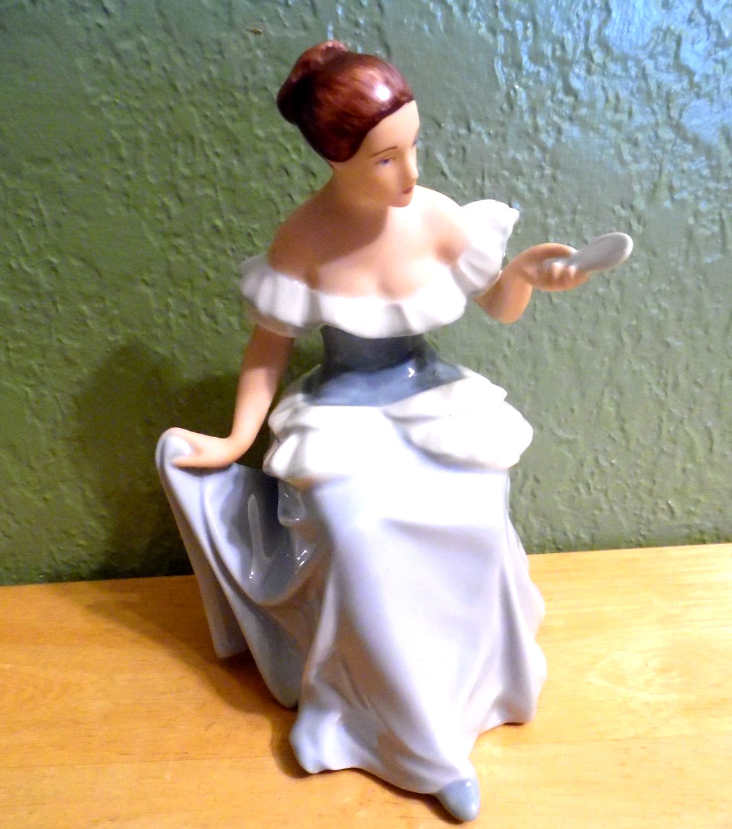 ROYAL DUX BOHEMIA CZECHOSLOVAKIA VICTORIAN WOMAN ON BOUDOIR STOOL WITH MIRROR