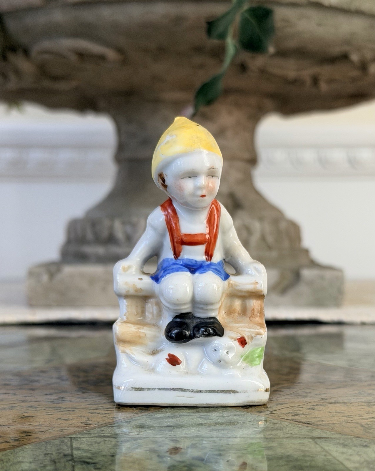 Vintage – Made in JAPAN – “Boy Sitting on Wall w/Cat” Porcelain Figurine
