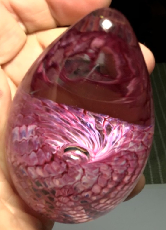 Signed Art Glass Eye Studio GES 2000 Pink Snakeskin Swirl 3.25″ Egg Paperweight