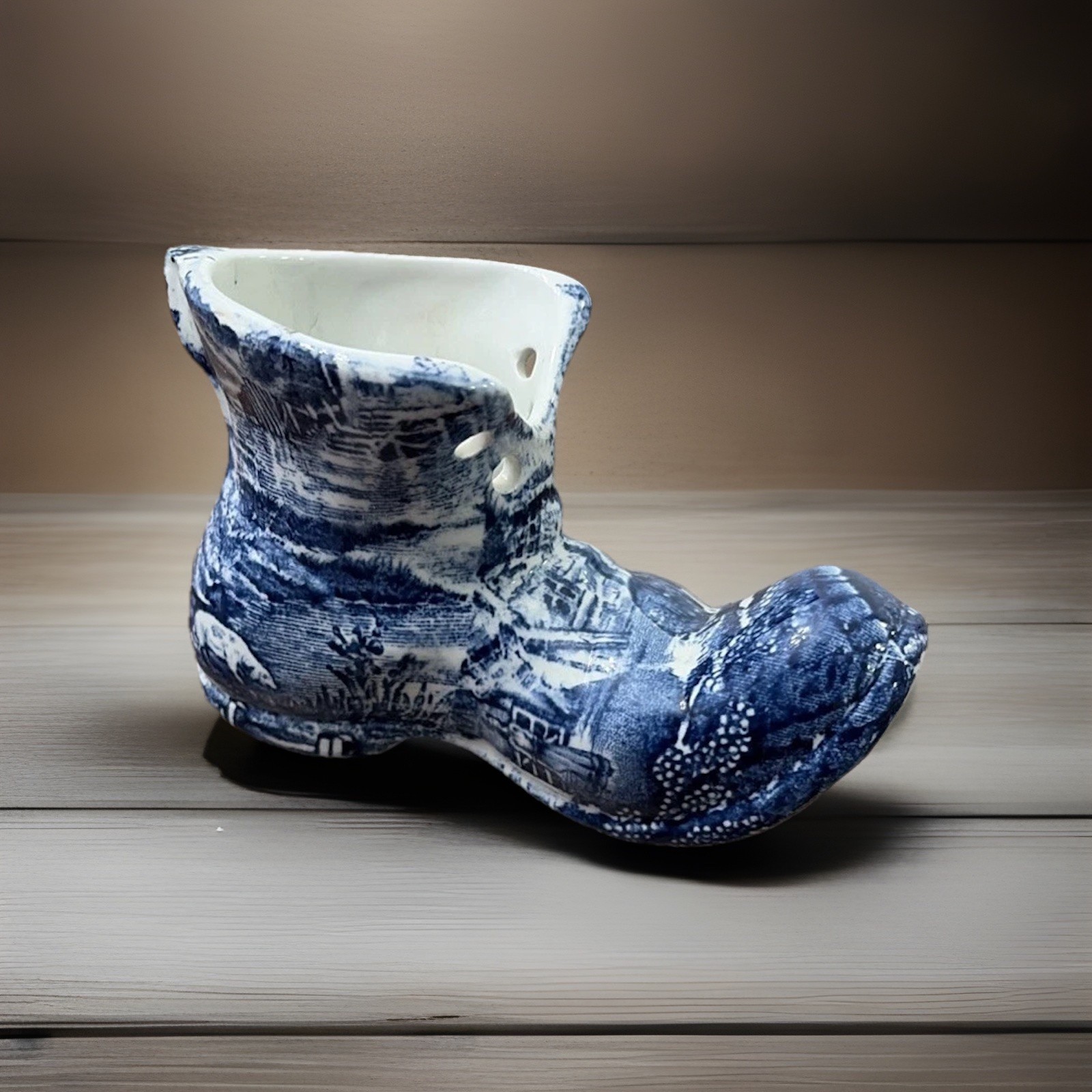 Vintage Blue And White Old Foley James Kent Staffordshire Porcelain Boot 5”x 3”