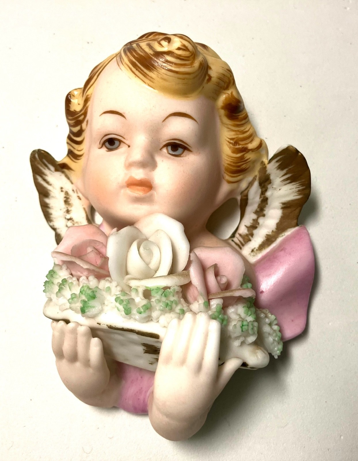 Vintage Tilso Cherub Girl Angel Ceramic Wall Plaque Hanging Religious Art Japan