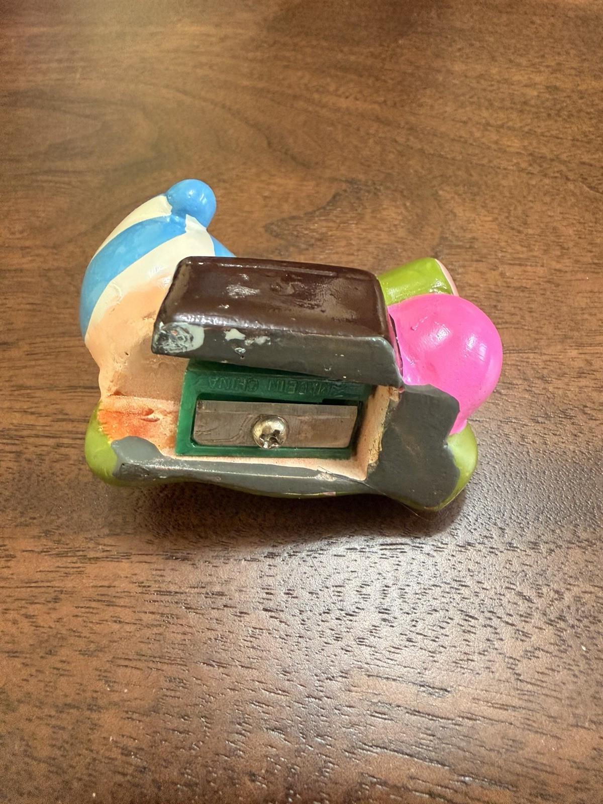 Hand Painted Ceramic Baby Figurine Green Outfit Blue Hat Pink Shoes 3 in