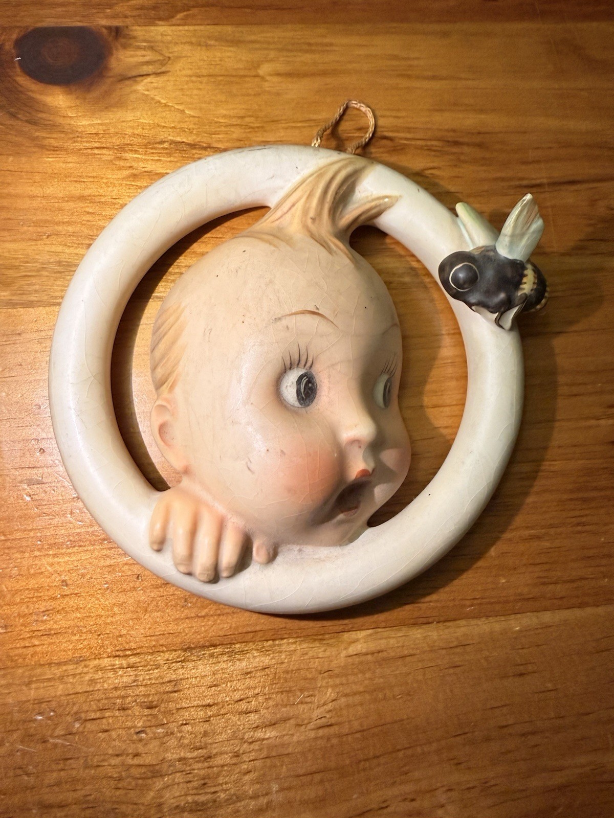 Vintage Goebel Hummel Style Baby with Bee Ceramic Wall Plaque Ring Cherub