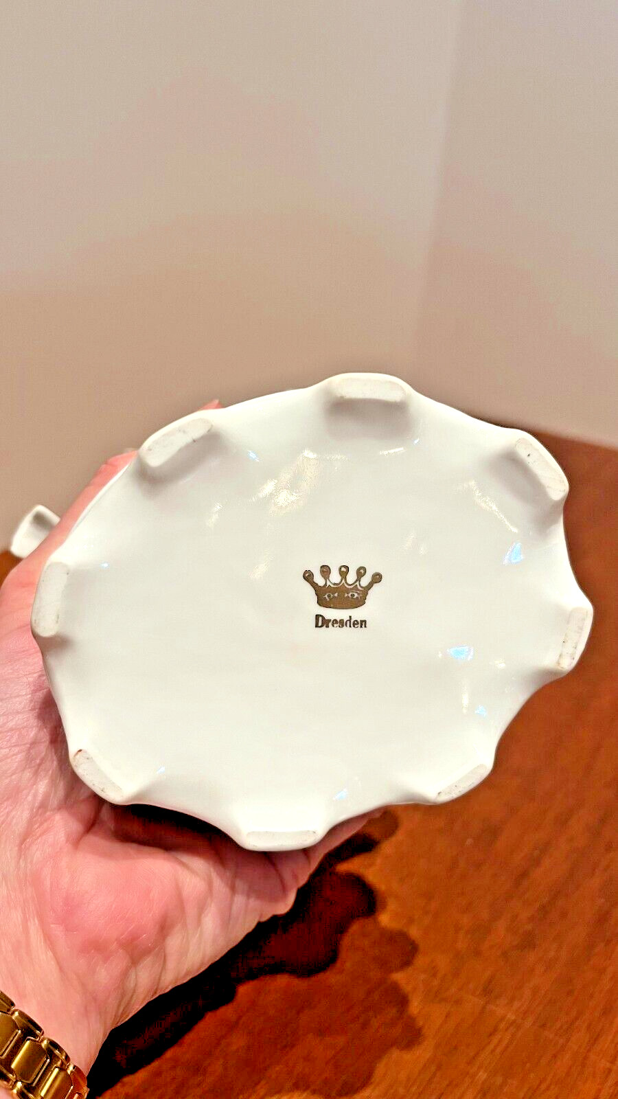 MINT Vintage Dresden White Porcelain w/Silver Trim 3 Bird Flower Frog With Bowl