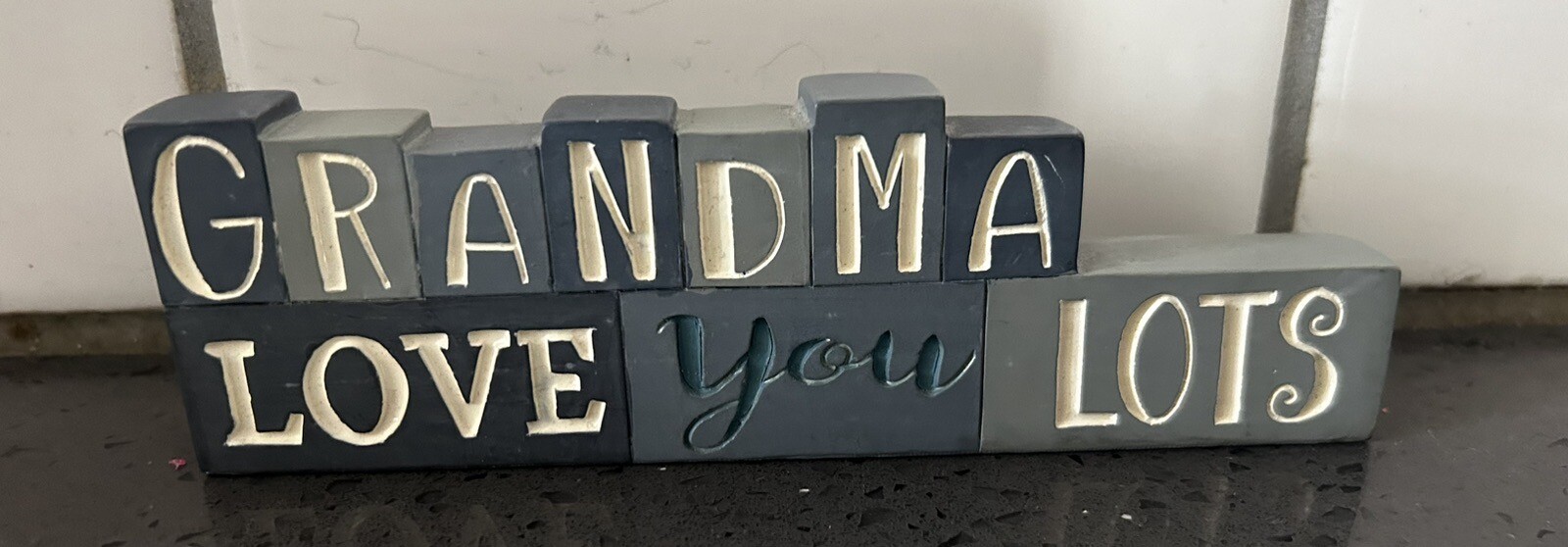 Blossom Bucket Grandma Love You Lots Sign Figure Blue Blocks 6” X 2”