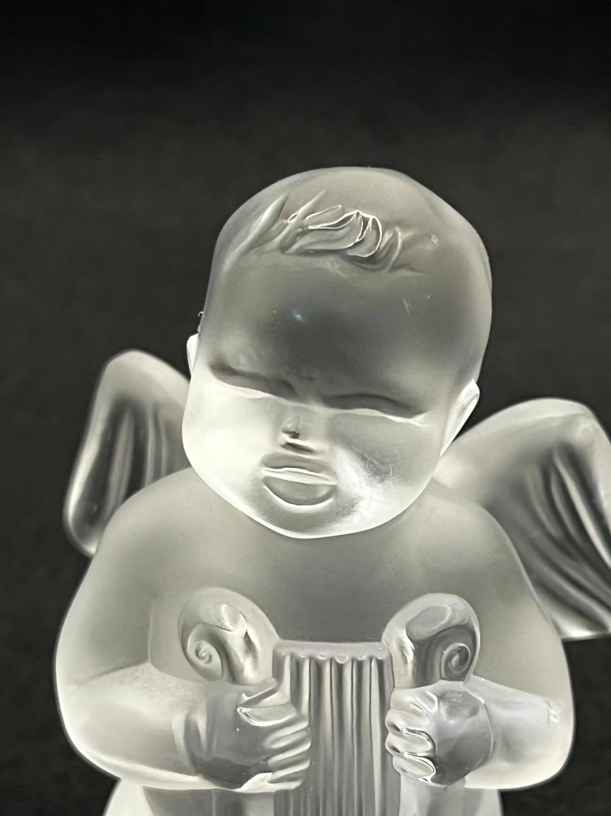 Lalique France Frosted Crystal Cherub/Angel Playing Lyre Figurine 3.3in Tall