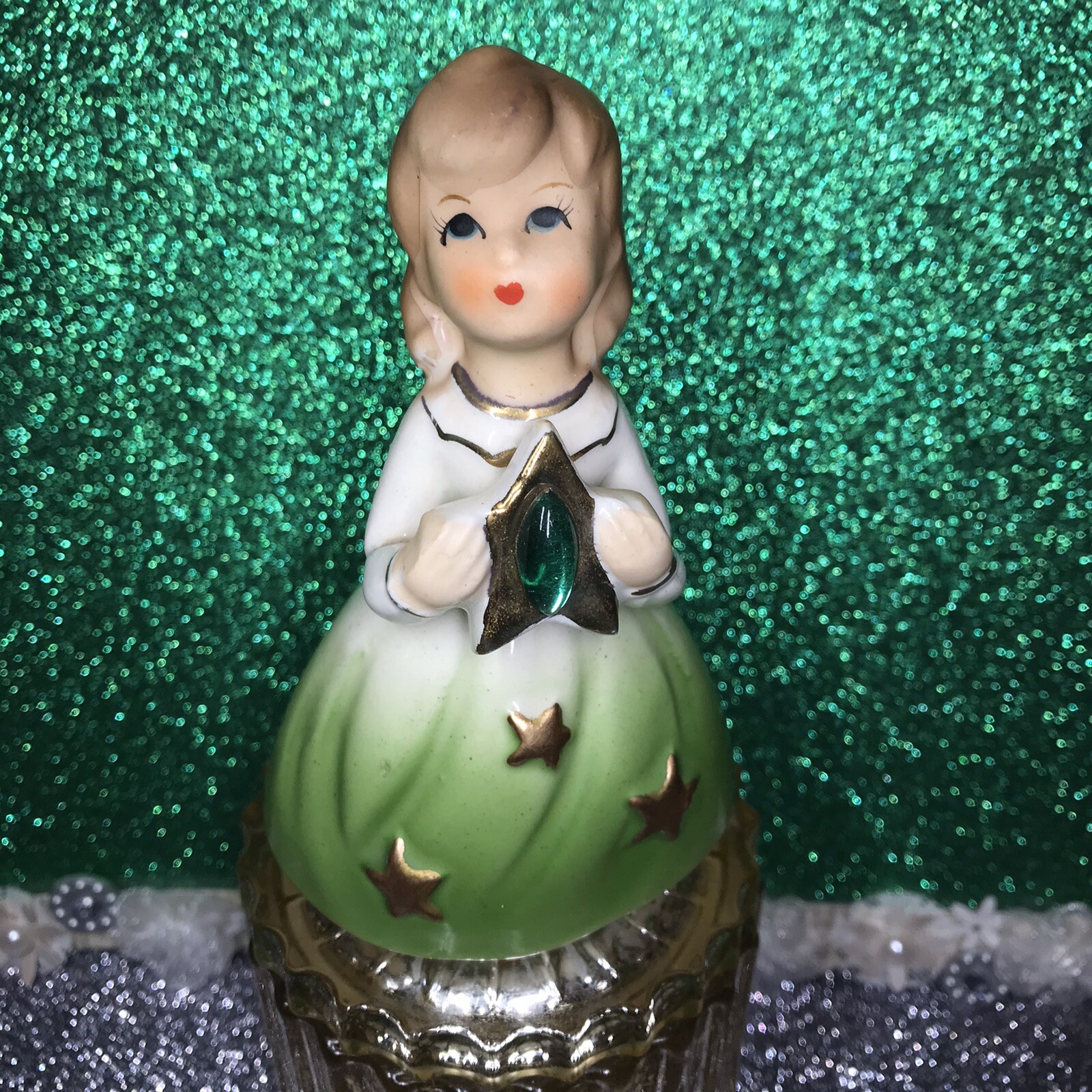 Vtg Ucagco Girl Holding Gold Star With Green Gem & Gown Christmas Figurine Japan