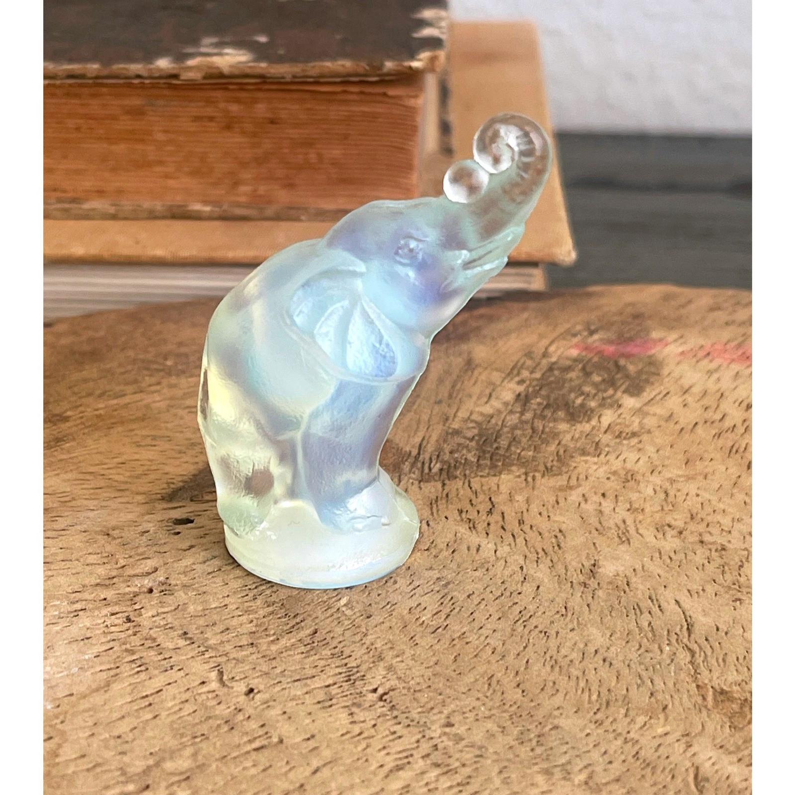 Sabino France Opalescent Art Glass Elephant Figurine Raised Trunk Label 2.25″