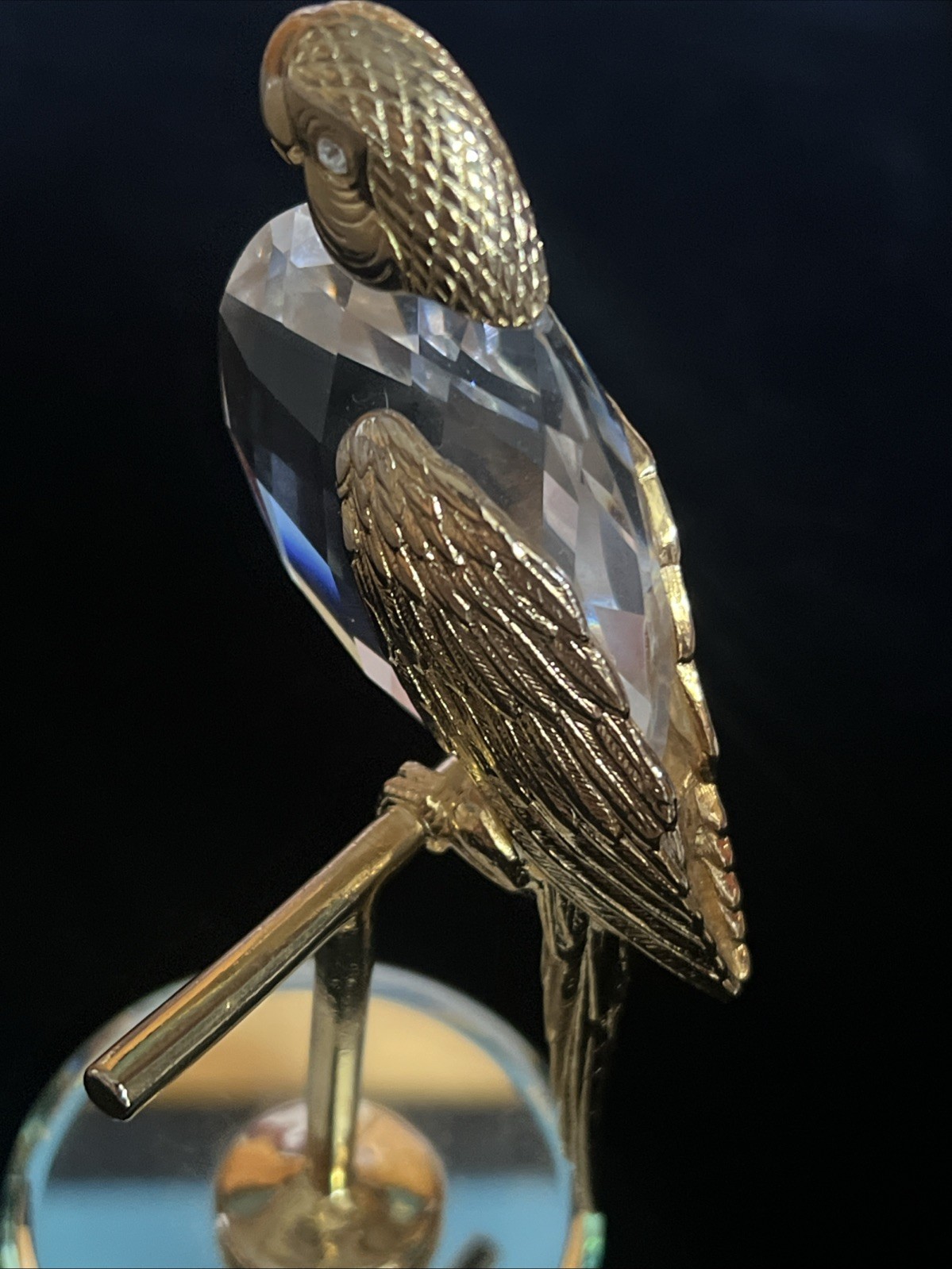 Vintage 1984 Swarovski Manon Crystal Parrot on Perch Figurine Gold Tone Mirror