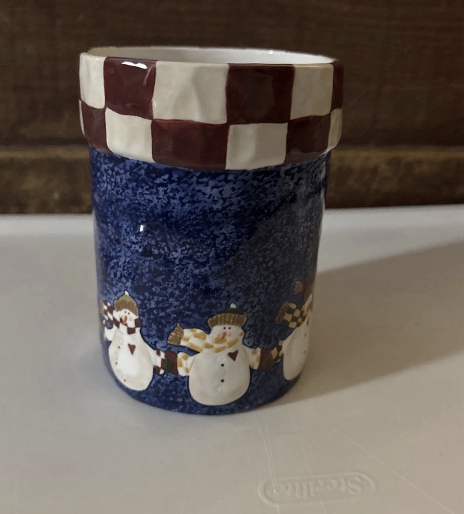 Boyds Collection Snowmen Burt’s Bundle Up Utensil Crock 2000 Shiny Blue Ceramic