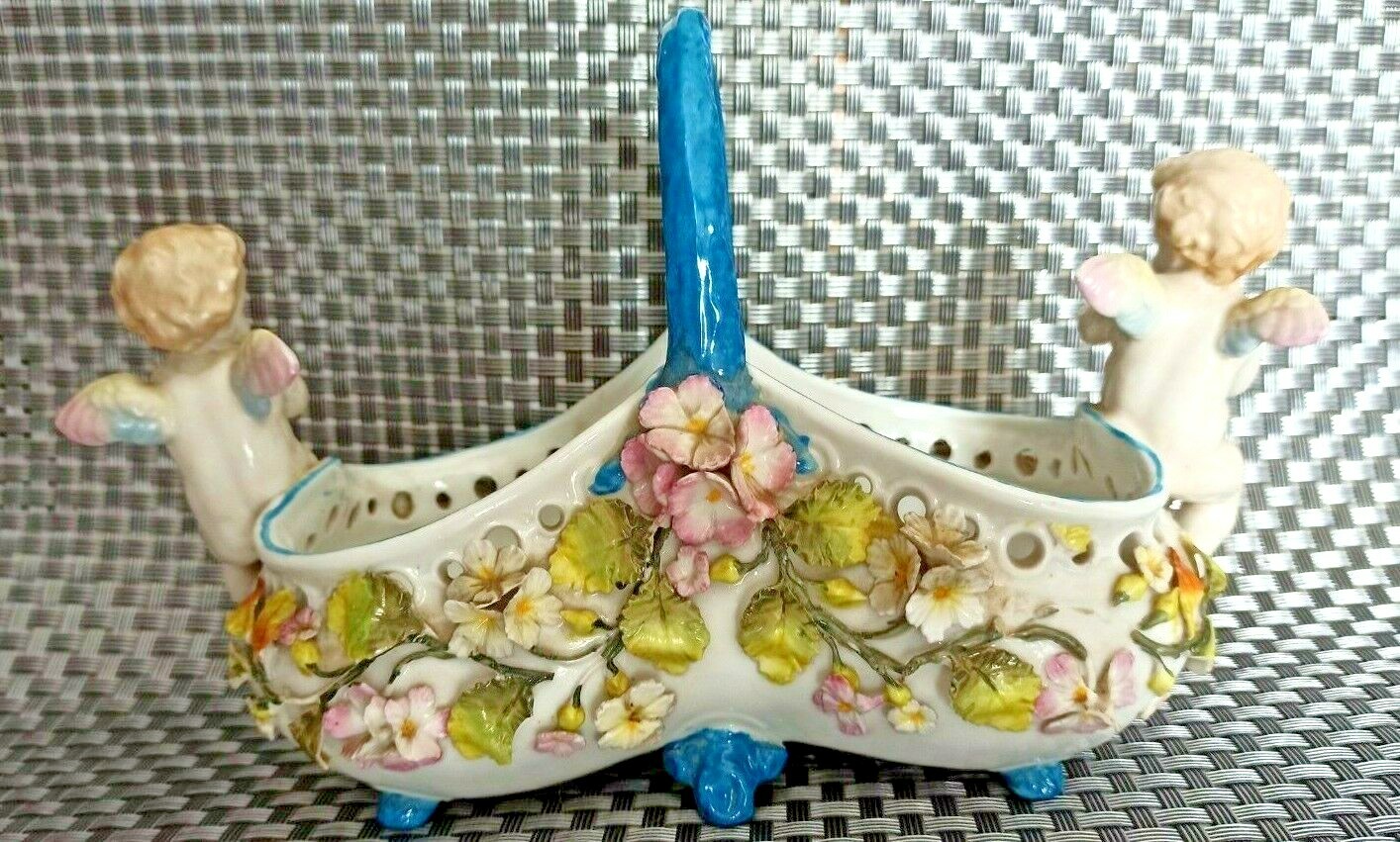 Antique French Hand painted Signed Cherub Angel Porcelain Fruit Bowl