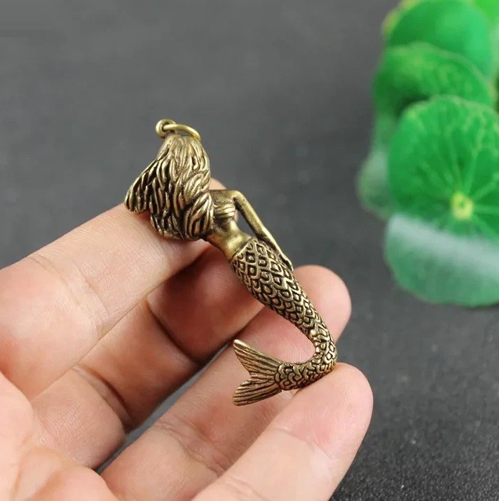 Brass Mermaid Key Chain Animal Figurine Mini Statue Table Home Decoration Toy