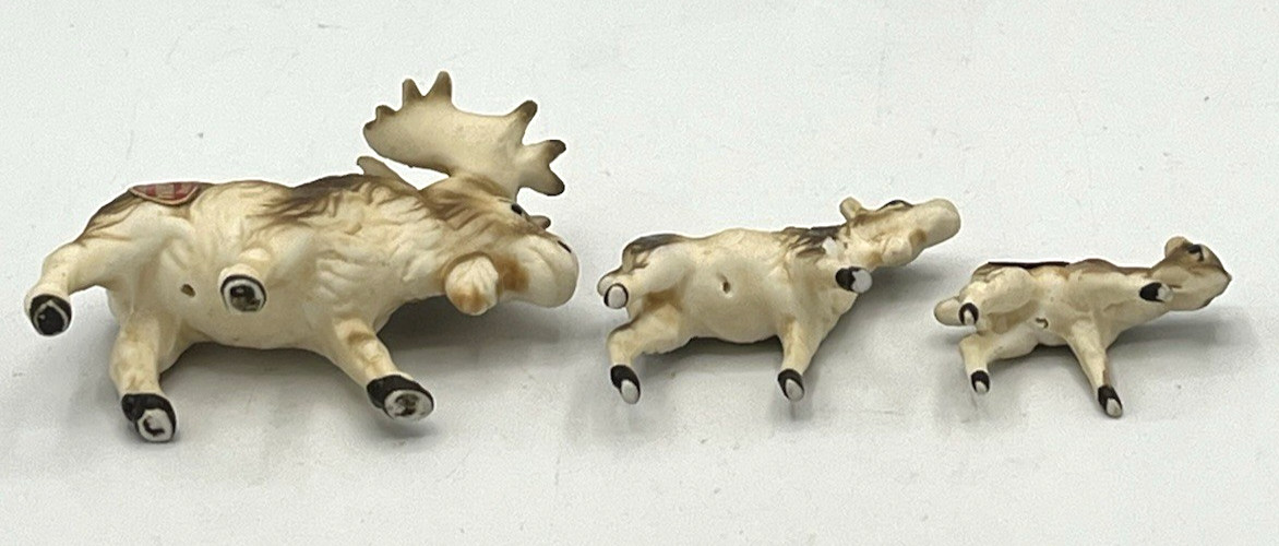 Vtg Miniature Bone China 3pc Moose Family Set Bull Cow Calf Figurine Japan 1960s