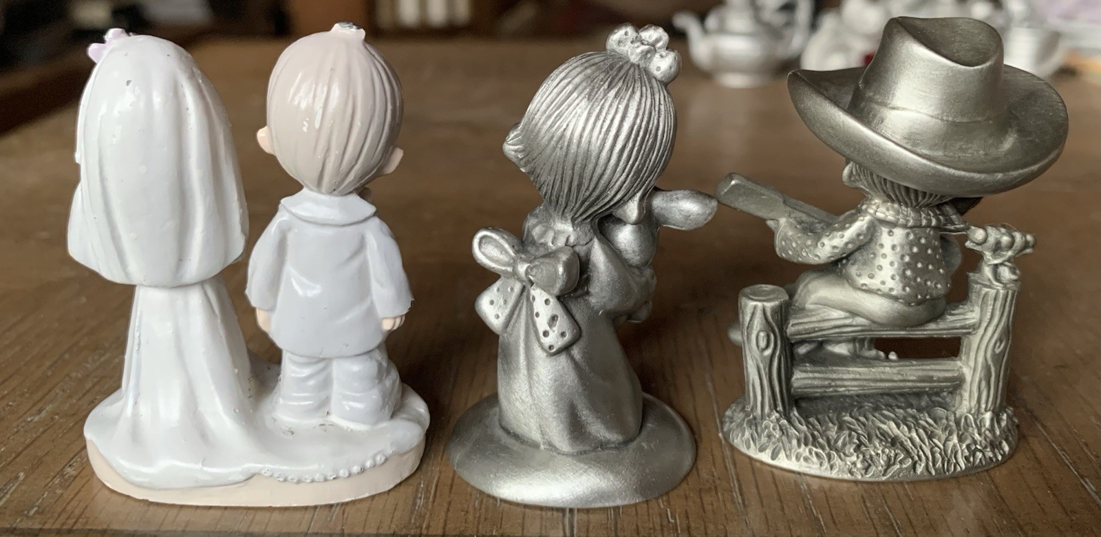 3 Pewter Miniature Precious Moments Lot Cowboy 1996 Girl Bunny 1982 Wedding 1990