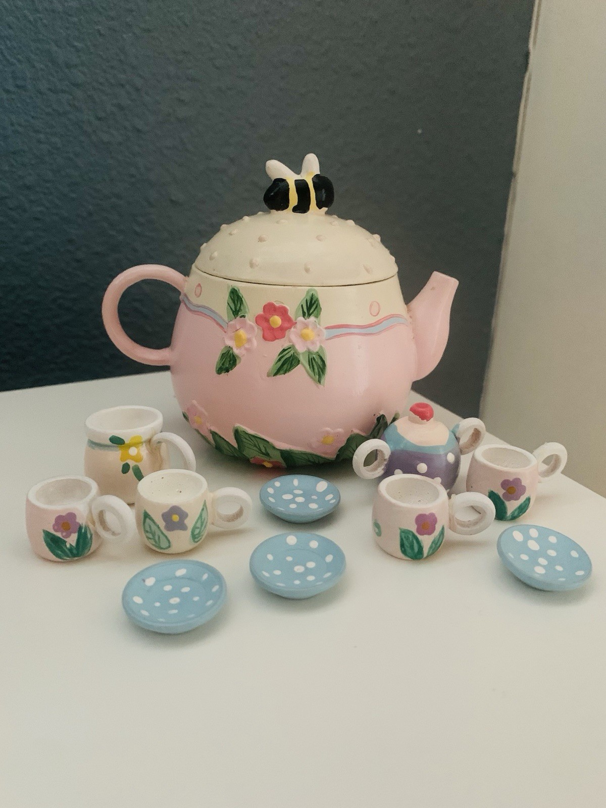 Vintage Miniature Tea Set Garden Pink Floral Bee Midwest Imports of Canon Falls