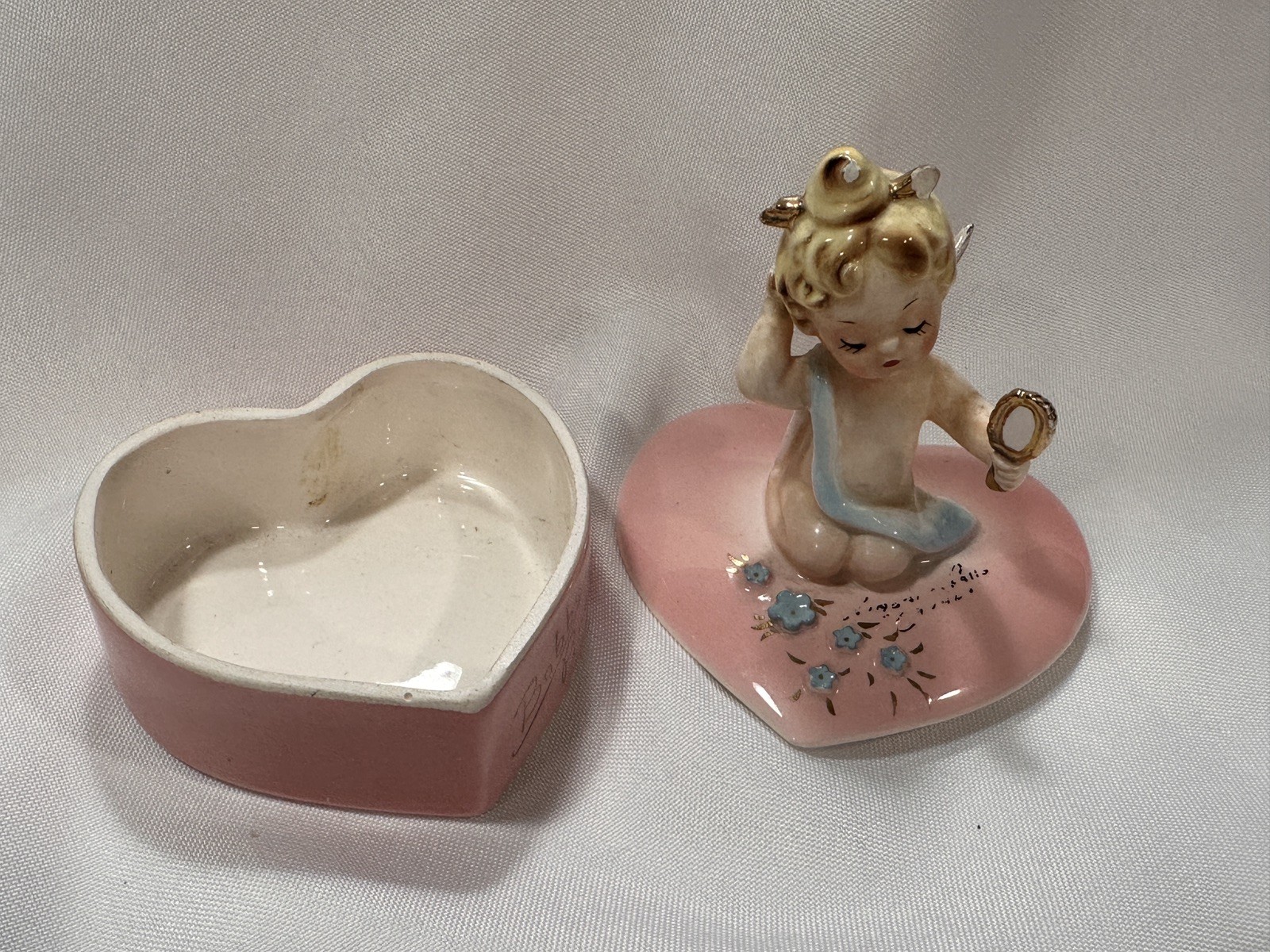 Rare Vintage Josef Originals Heart Shaped Trinket Dish BOBBY PINS Cupid Angel