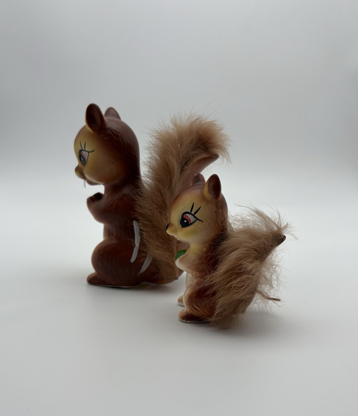 2 Vintage MCM Ceramic Squirrel Chipmunk Figurines Fur Tails 50s Baby Kitschy